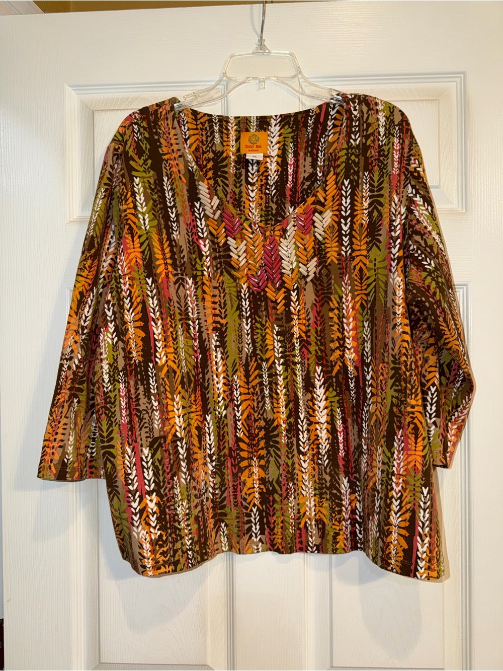 Ruby Rd. Multicolor V-Neck Fall Leaf Stripe Tunic
